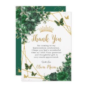 Emerald Green Floral Quinceañera Butterflies Thank You Card