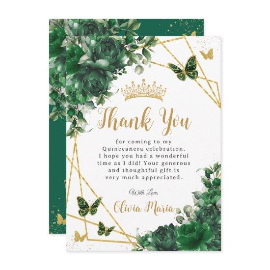 Emerald Green Floral Quinceañera Butterflies Thank You Card