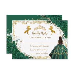 Emerald Green Floral Quinceañera Charro Gold Horse RSVP Card
