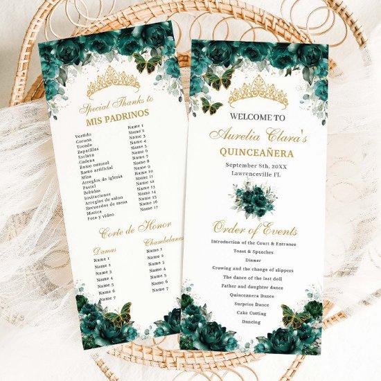 Emerald Green Floral Quinceañera Order of Events Program
