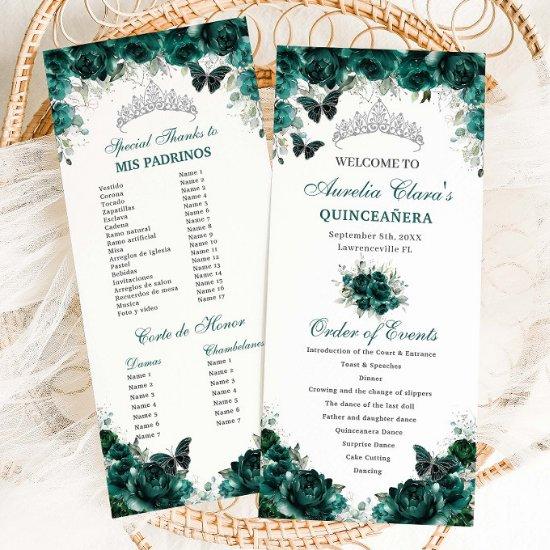 Emerald Green Floral Quinceañera Order of Events Program