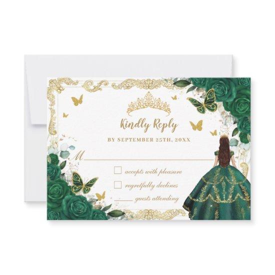 Emerald Green Floral Quinceañera Princess Crown RS RSVP Card