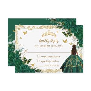 Emerald Green Floral Quinceañera Princess Crown RSVP Card