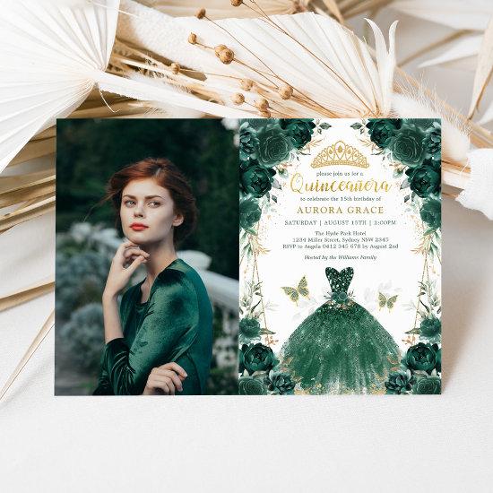 Emerald Green Floral Quinceañera Princess Photo