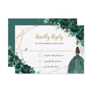Emerald Green Floral Quinceañera Princess Reply RSVP Card