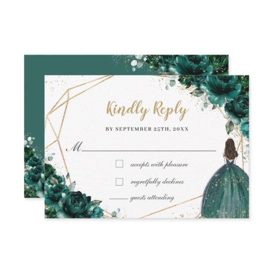 Emerald Green Floral Quinceañera Princess Reply RSVP Card