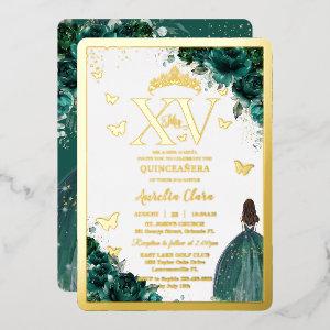 Emerald Green Floral Quinceañera Quince 15 XV Gold Foil