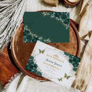 Emerald Green Floral Quinceanera Save the Date Announcement