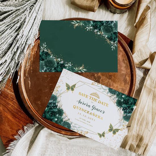 Emerald Green Floral Quinceanera Save the Date Announcement