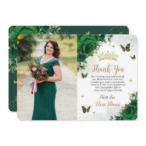 Emerald Green Floral Quinceañera Sweet 16 Photo Thank You Card