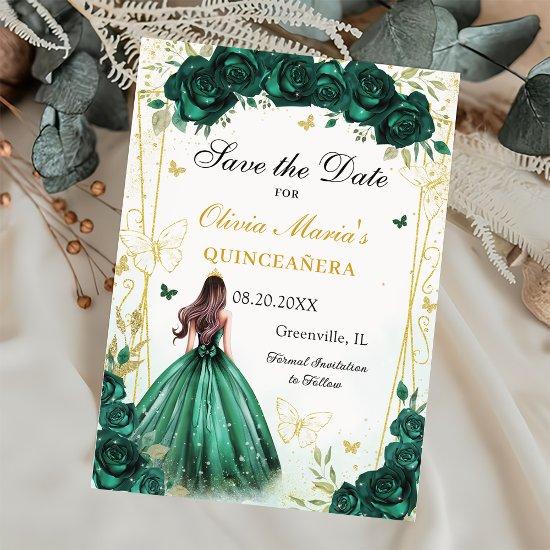 Emerald Green Floral Quinceanera Sweet 16 Save The Date
