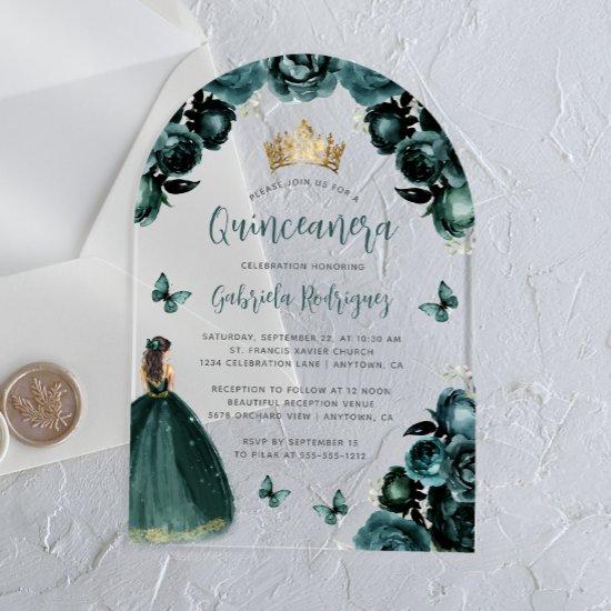 Emerald Green Floral Roses Watercolor Quinceañera Acrylic