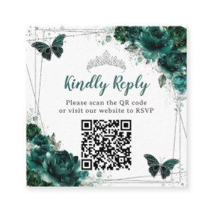 Emerald Green Floral Silver Quinceañera QR Code Enclosure Card