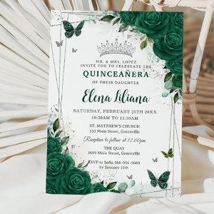 Emerald Green Floral Silver Quinceañera Sweet 16