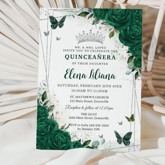 Emerald Green Floral Silver Quinceañera Sweet 16