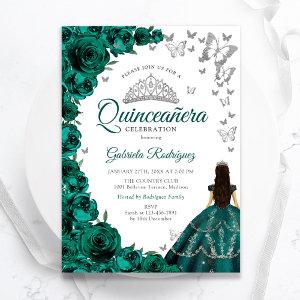 Emerald Green Floral Silver White Quinceanera
