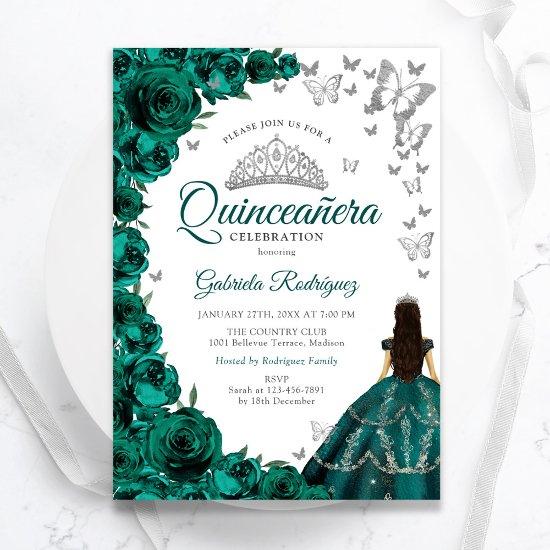 Emerald Green Floral Silver White Quinceanera