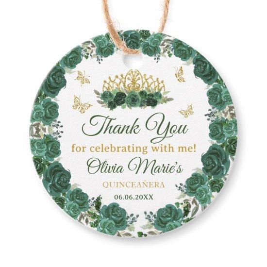 Emerald Green Floral Tiara Butterfly Quinceanera Favor Tags