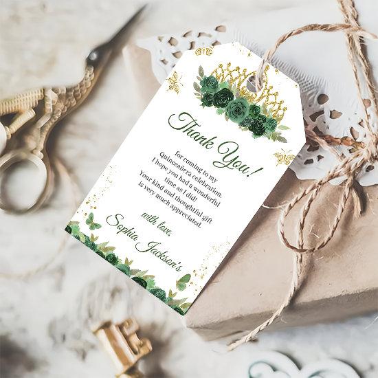 Emerald Green Floral Tiara Butterfly Quinceanera Gift Tags