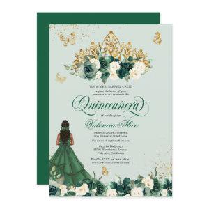 Emerald Green Floral Tiara + Butterfly Quinceanera