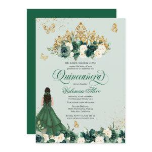 Emerald Green Floral Tiara + Butterfly Quinceanera