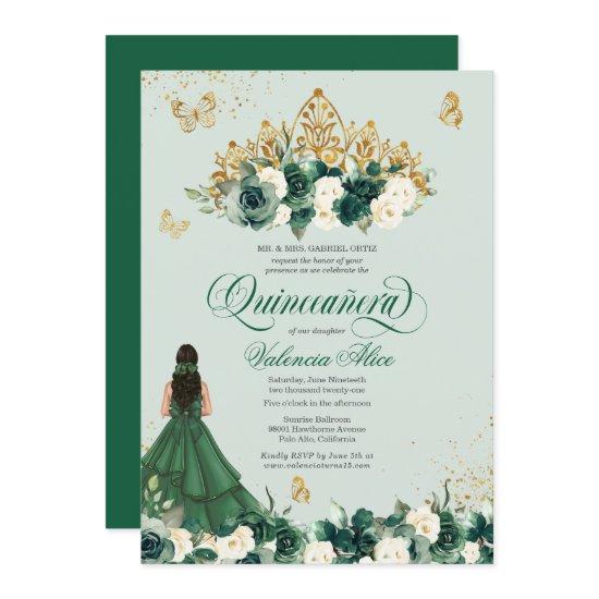 Emerald Green Floral Tiara + Butterfly Quinceanera