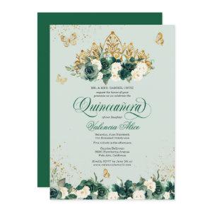 Emerald Green Floral Tiara + Butterfly Quinceanera