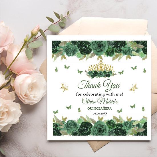 Emerald Green Floral Tiara + Butterfly Quinceanera Napkins