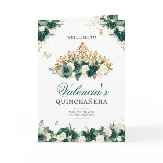 Emerald Green Floral Tiara Butterfly Quinceanera Program