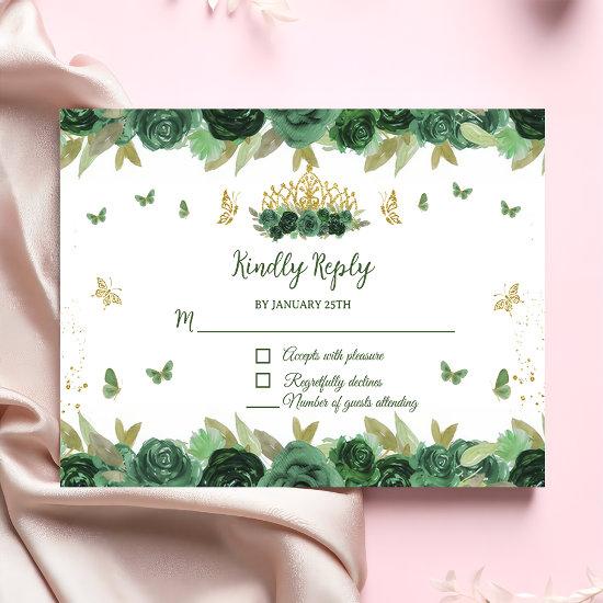 Emerald Green Floral Tiara + Butterfly Quinceanera RSVP Card