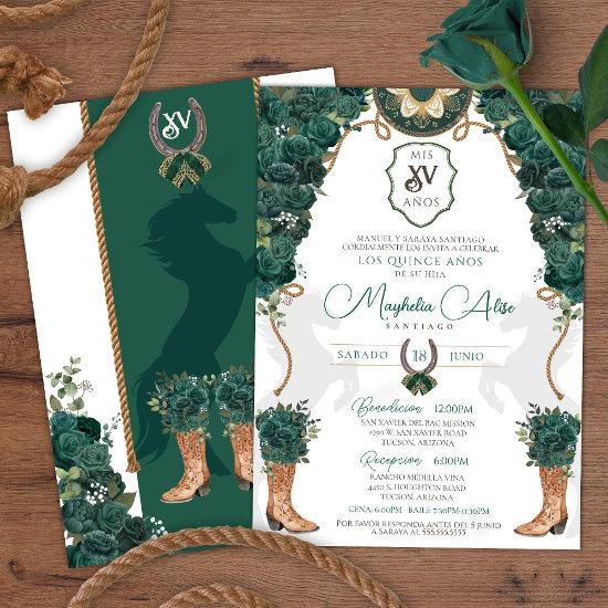 Emerald Green Floral Western Charro Quinceañera