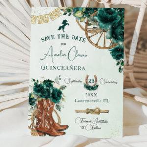 Emerald Green Floral Wild West Charro Quinceañera  Save The Date