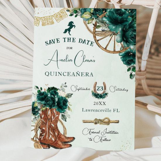 Emerald Green Floral Wild West Charro Quinceañera  Save The Date