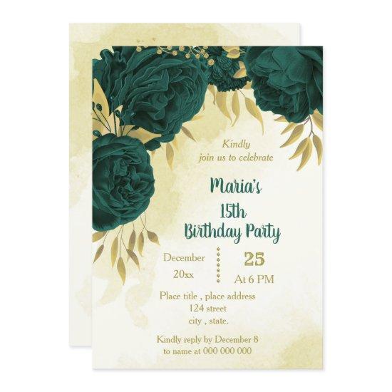 Emerald green flowers gold leaves birthday