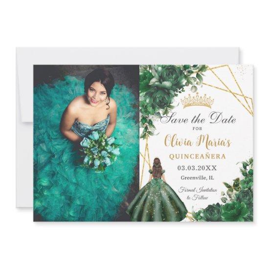 Emerald Green Flowers Princess Quinceañera Photo Save The Date