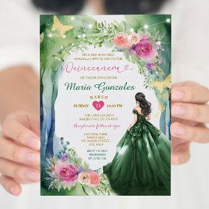 Emerald Green Forest Dress Pink Floral Quinceañera