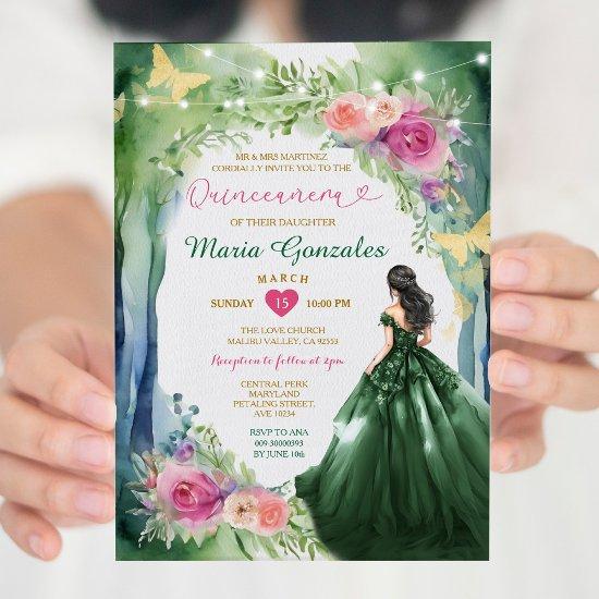 Emerald Green Forest Dress Pink Floral Quinceañera