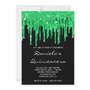 Emerald Green Glitter Foil Drips Black Quinceañera