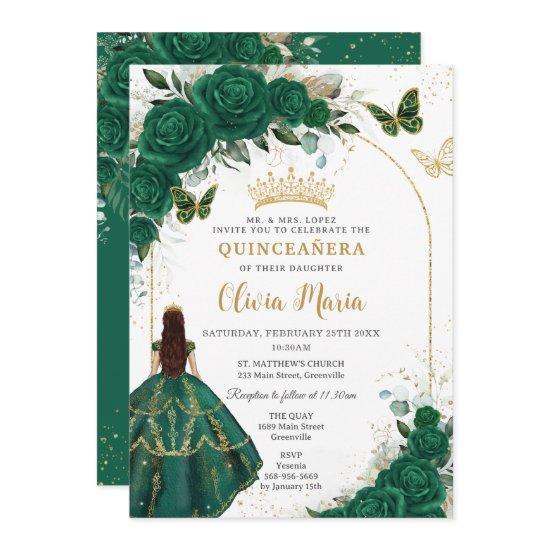 Emerald Green Gold Arch Butterflies Quinceañera