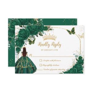 Emerald Green Gold Arch Butterflies Quinceañera RSVP Card
