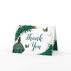 Emerald Green Gold Arch Butterflies Quinceañera Thank You Card
