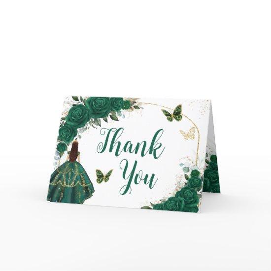 Emerald Green Gold Arch Butterflies Quinceañera Thank You Card