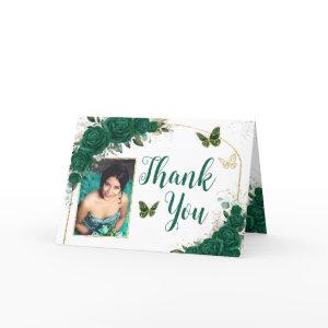 Emerald Green Gold Arch Quinceañera Sweet 16 Photo Thank You Card