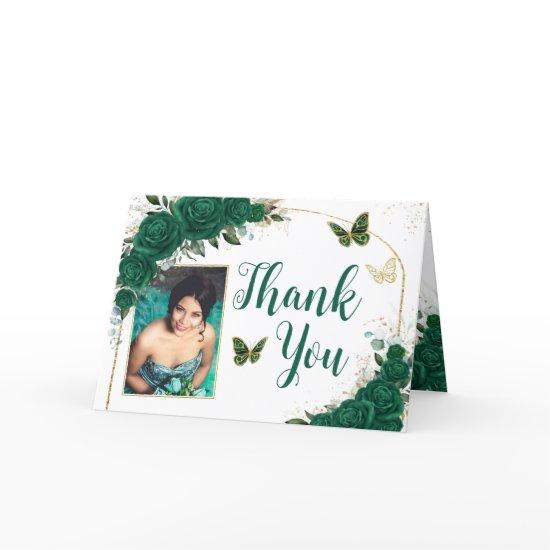 Emerald Green Gold Arch Quinceañera Sweet 16 Photo Thank You Card