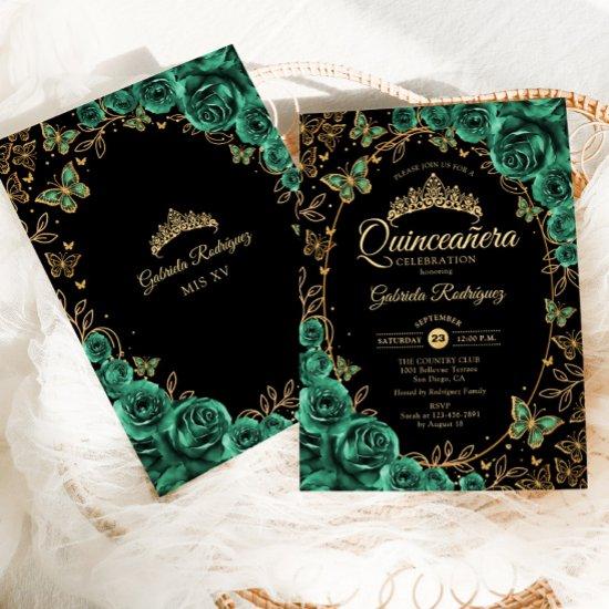 Emerald Green Gold Black Quinceanera