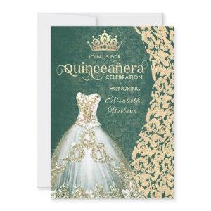 Emerald green gold dress damask tiara Quinceañera