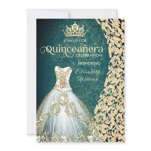 Emerald green gold dress damask tiara Quinceañera