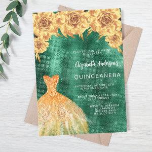Emerald green gold dress floral Quinceanera