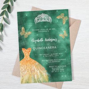Emerald green gold dress tiara Quinceanera