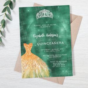 Emerald green gold dress tiara Quinceanera luxury